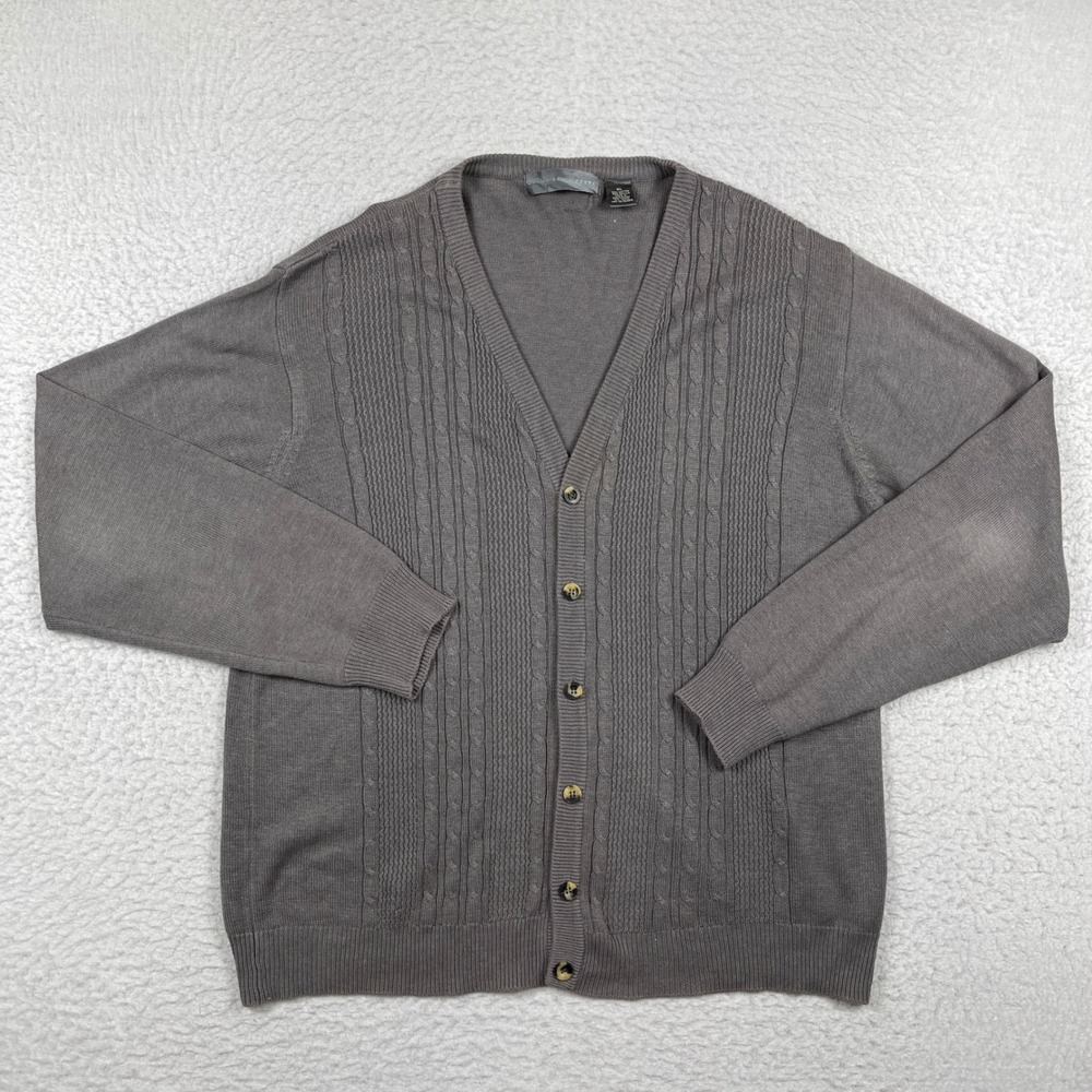Oscar de la Renta Cardigan Sweater Mens XL Grey Cable Knit V-Neck Button